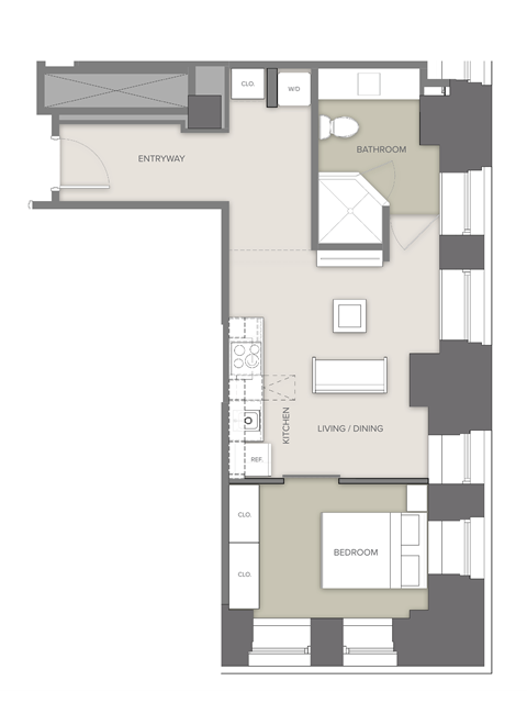 Floor plan for 1 bed, 1 bath, 648 sqft